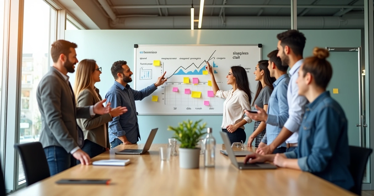 Equipe diversa em escritório moderno celebrando resultados com post-its coloridos em painel 
