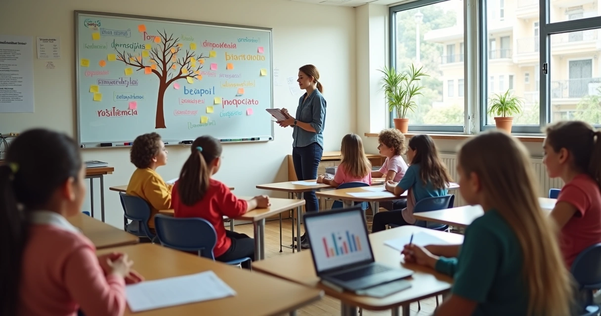 Professor conduz dinâmica de psicologia positiva com alunos em sala de aula moderna 