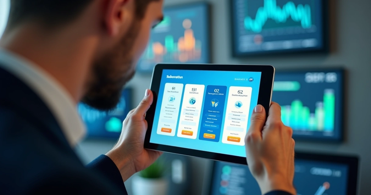 Cliente analisando diferentes opções de planos e preços em app de fintech 