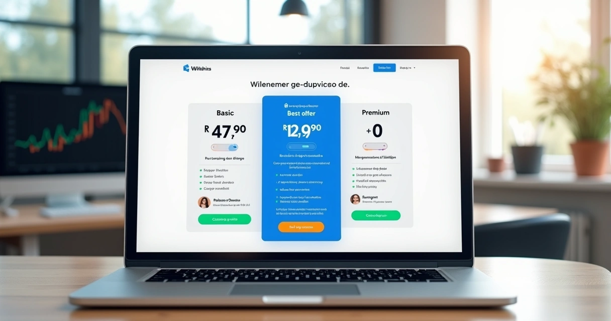 Tela de notebook exibindo landing page com planos de preços destacados 