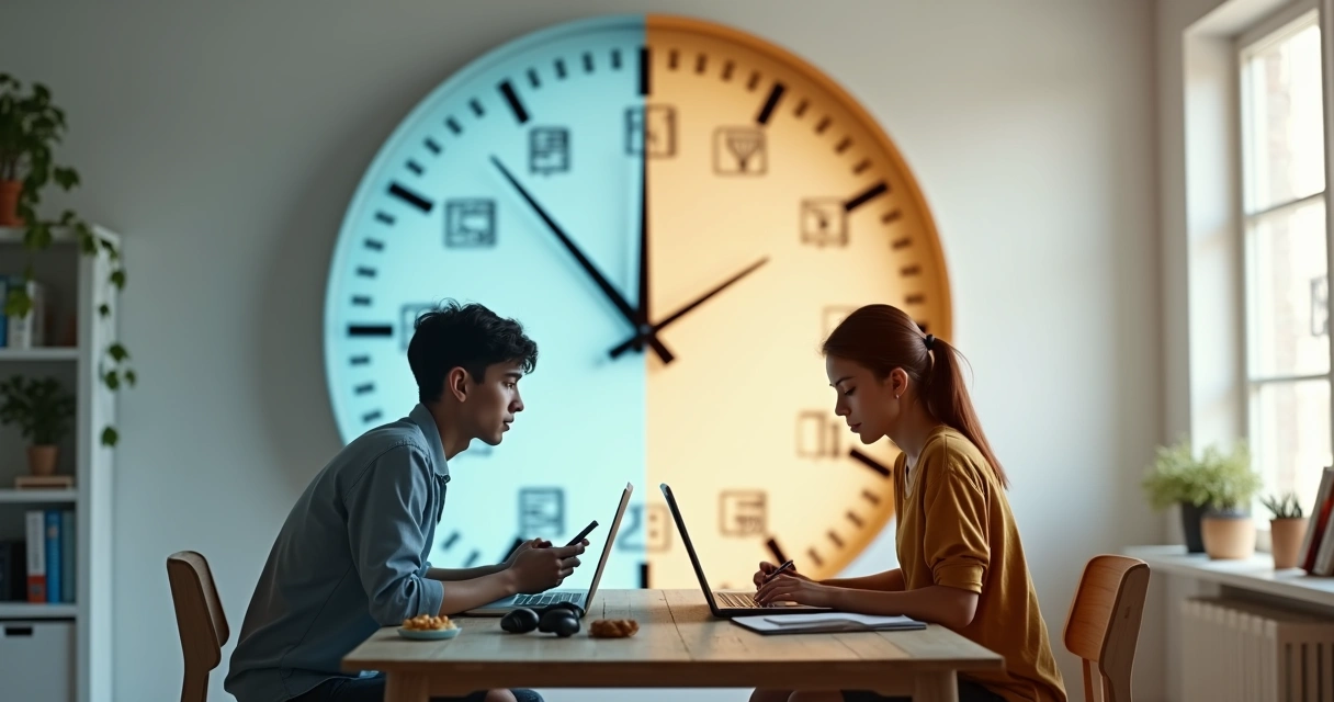Pessoa refletindo diante de relógio grande dividida entre distração e foco 