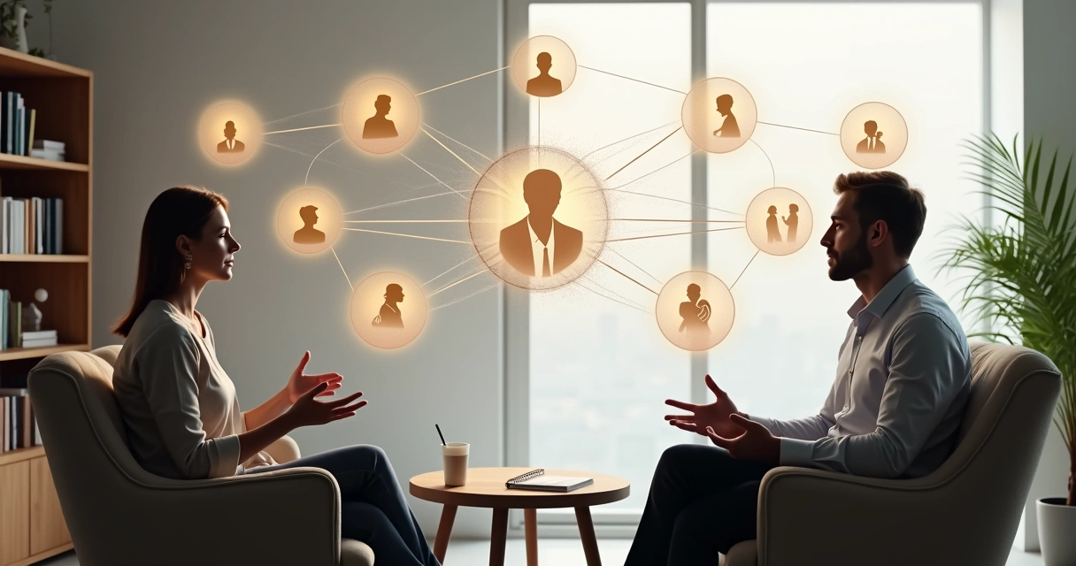 Terapeuta e cliente em consultório com ilustrações de conexões sistêmicas ao fundo 