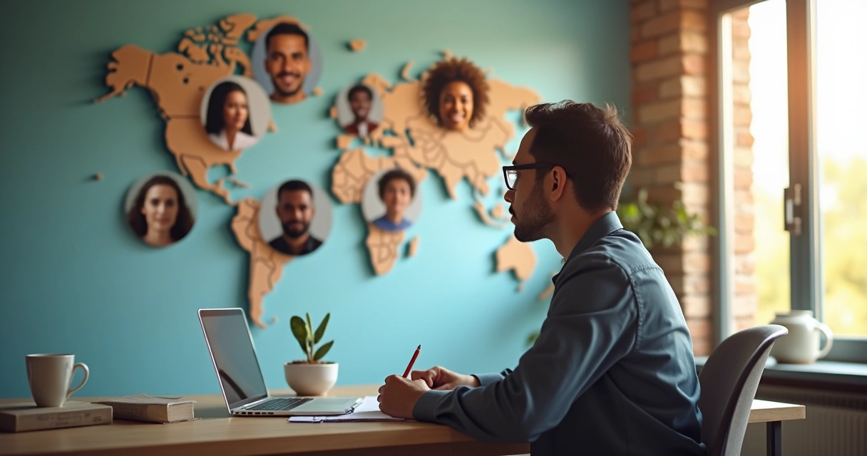 Profissional de psicologia observando rostos diversos sobre um mapa mundi 
