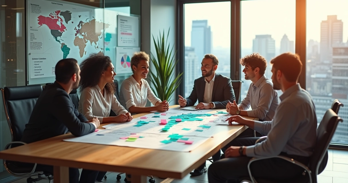 Equipe diversa em escritório moderno conectando culturas e motivando talentos 