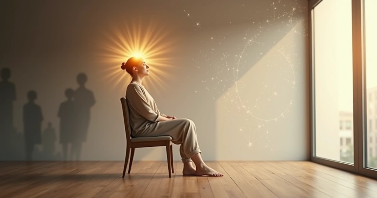Pessoa em transformação interior com luz ao redor da cabeça 