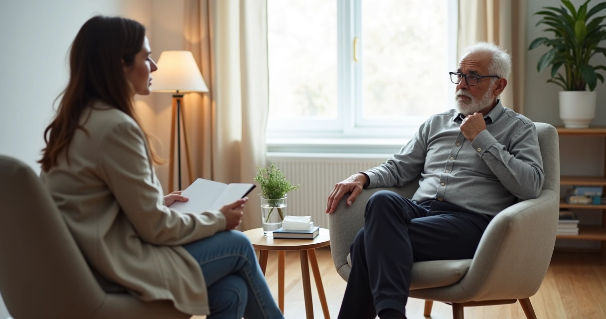 Psicólogo conversando com adulto mais velho resistente à mudança em consultório acolhedor 