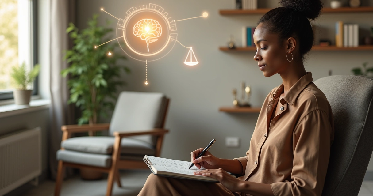 Psicólogo em consultório refletindo com caderno aberto e símbolos abstratos de mente e propósito ao fundo 