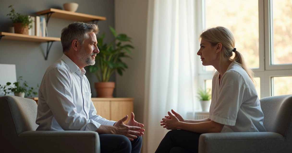 Psicólogo em consulta com paciente em uma sala clara e organizada