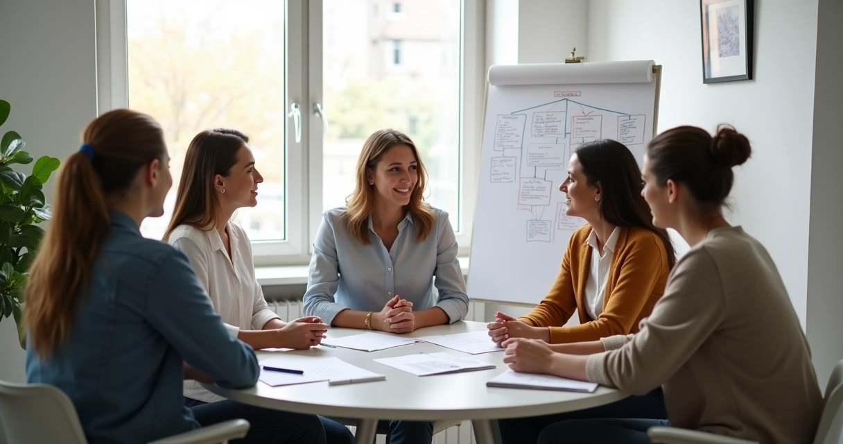 Psicólogo atende família em círculo em consultório claro 
