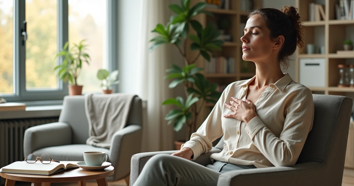 Psicóloga clínica em consultório praticando autocuidado com caderno de anotações ao lado 