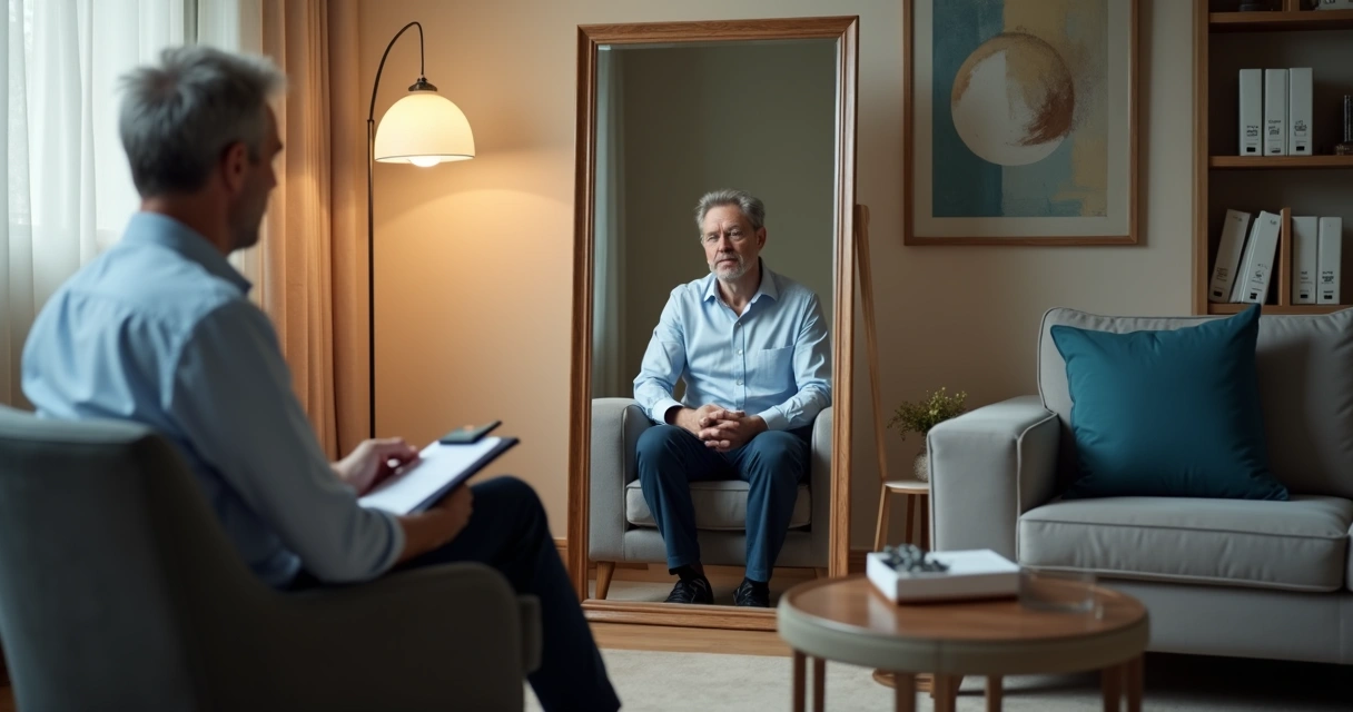 Psicólogo em consulta refletindo sobre autoengano de paciente diante de espelho meio iluminado 