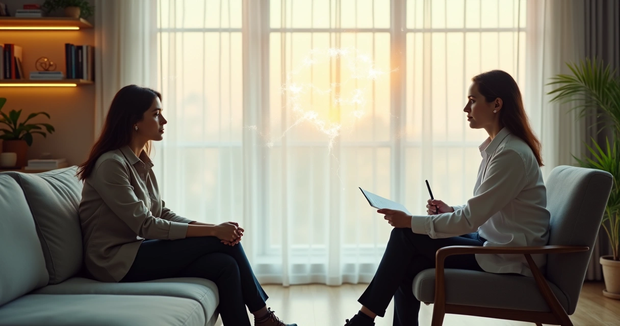 Psicólogo em consultório observando barreiras invisíveis entre ele e a paciente 