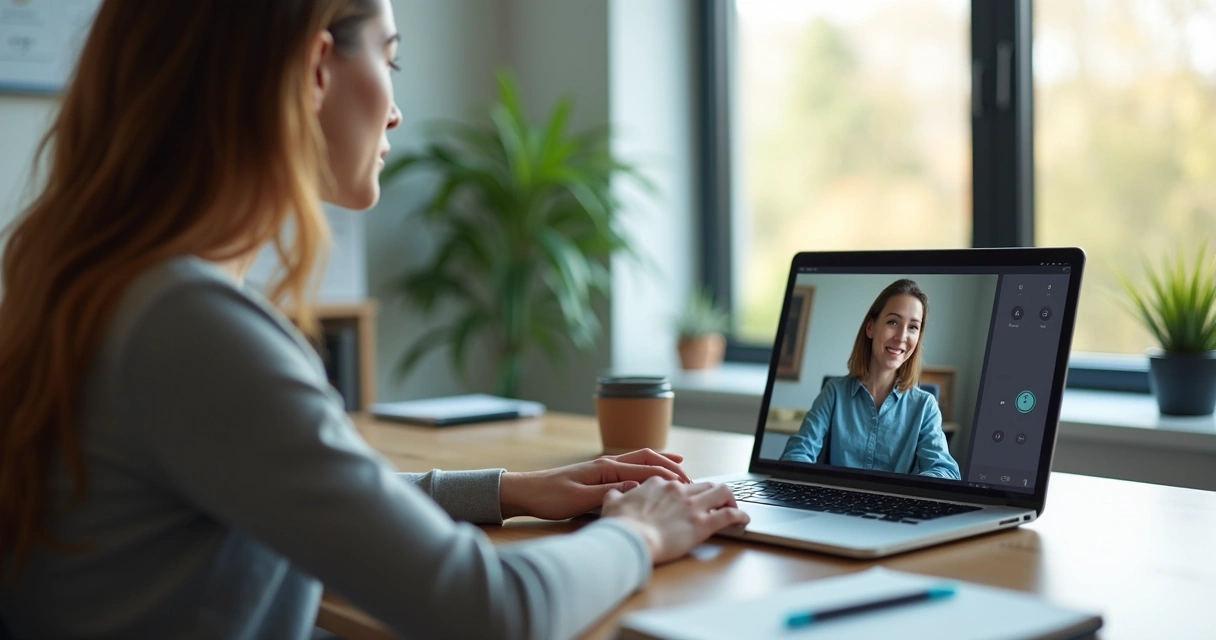 Psicólogo com computador atendendo paciente online em consultório 