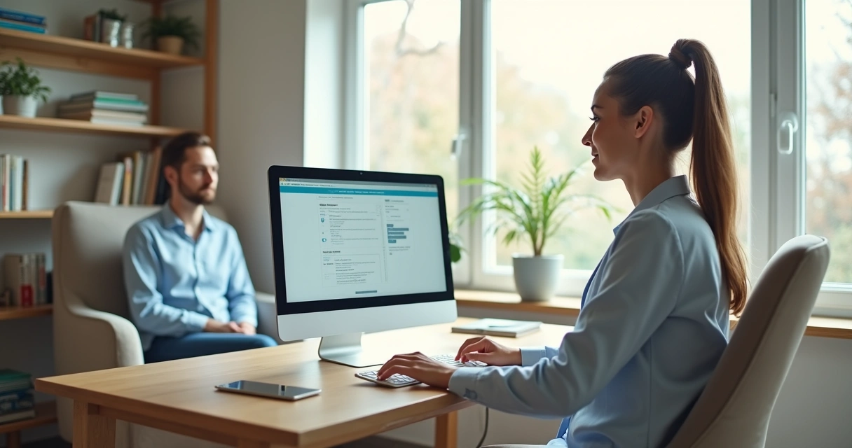 Psicólogo digitando em computador no consultório com paciente ao fundo. 
