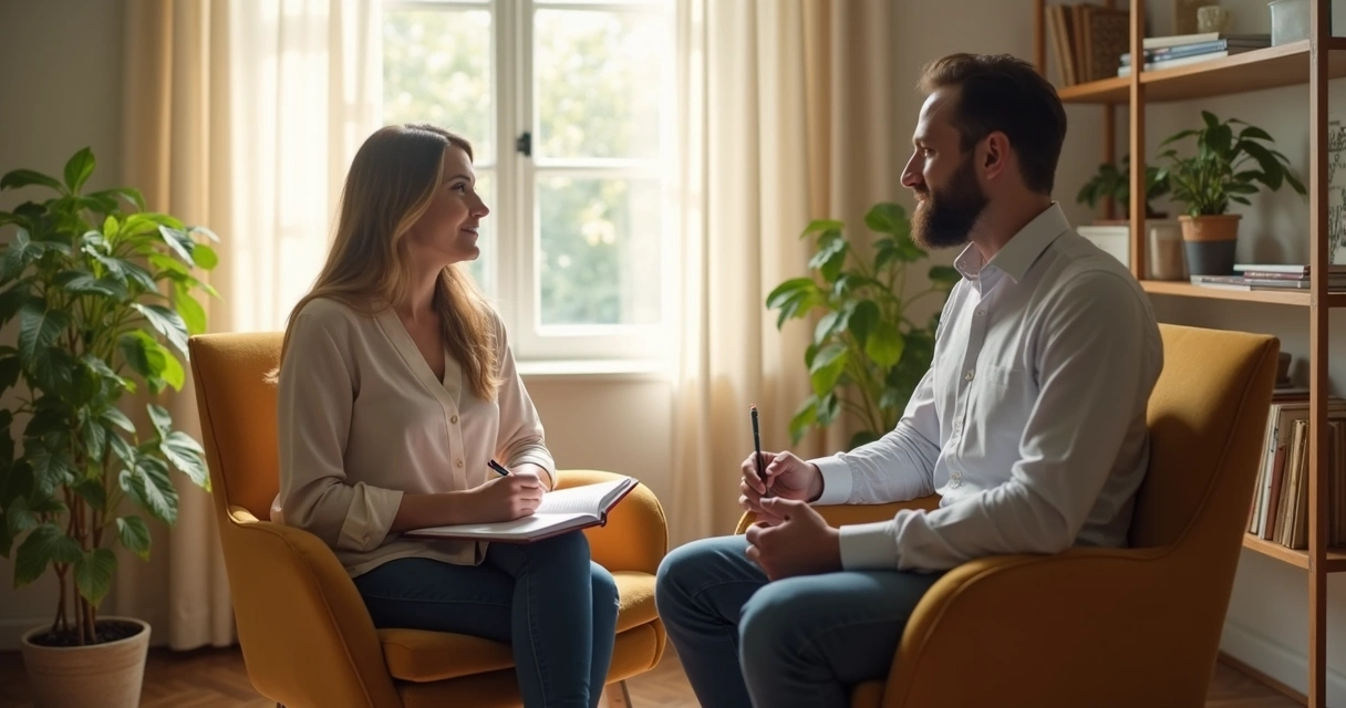 Psicólogo atendendo paciente sentado em consultório 