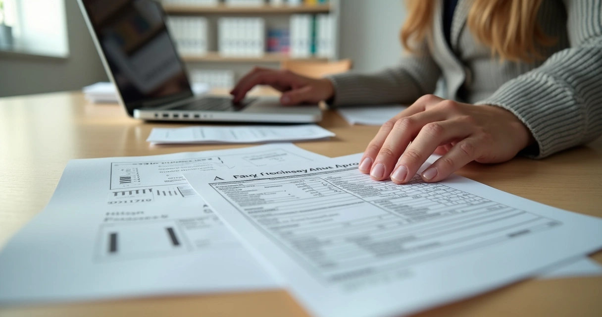 Psicólogo ativando notebook com documentos fiscais na mesa 