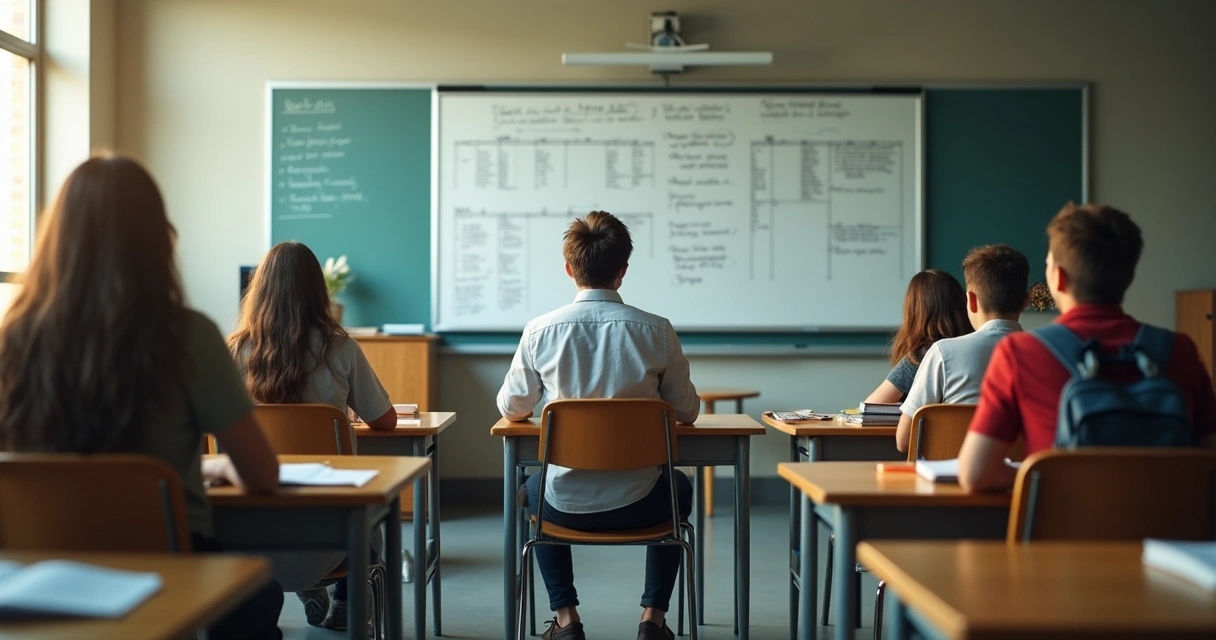 Jovem psicólogo em pé em sala de aula percebendo correntes sutis ligando colegas ao quadro e à mesa do professor 