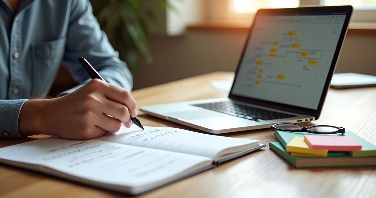 Psicólogo escrevendo protocolo próprio em caderno ao lado de notebook e livros 