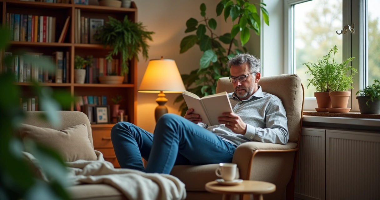 Psicólogo relaxando lendo um livro em um ambiente confortável 