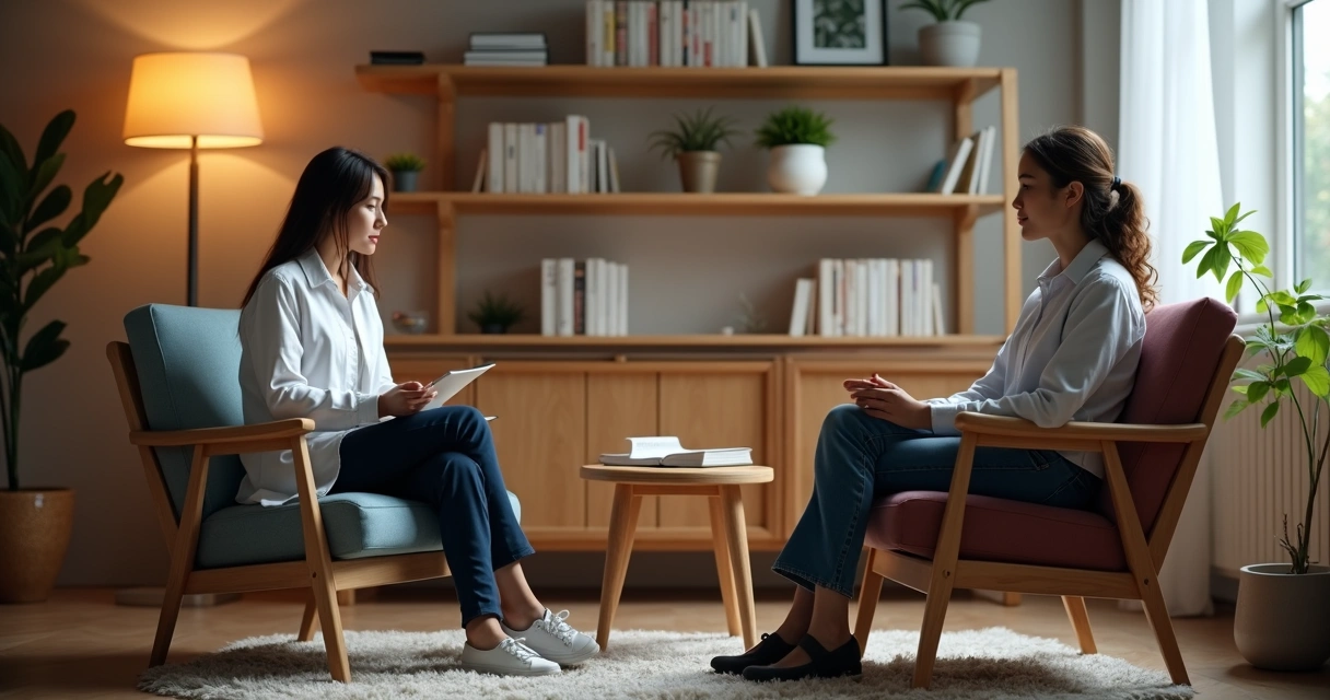 Psicólogo ouvindo paciente em consultório aconchegante