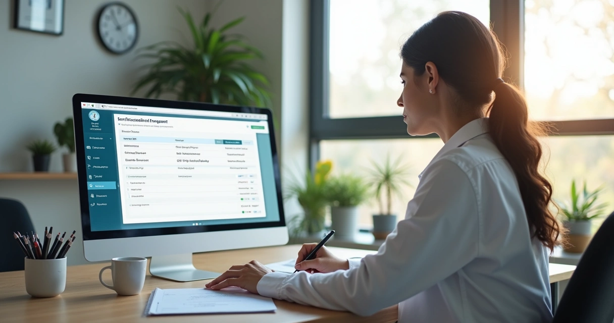 Psicólogo usando computador para emitir nota fiscal 