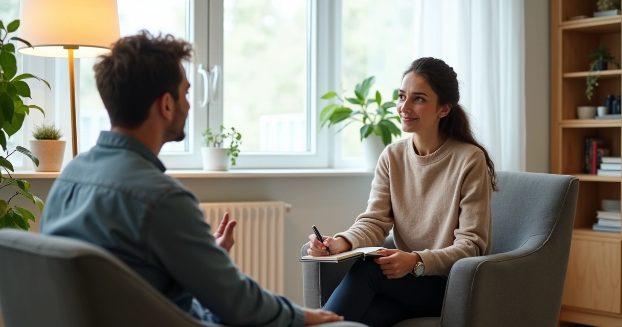 Psicólogo em escuta ativa com paciente em consultório acolhedor 