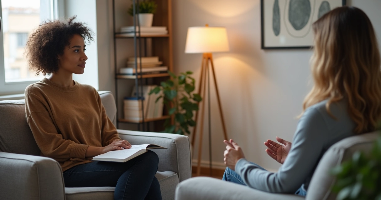 Psicólogo ouvindo paciente com atenção consciente em consultório moderno 