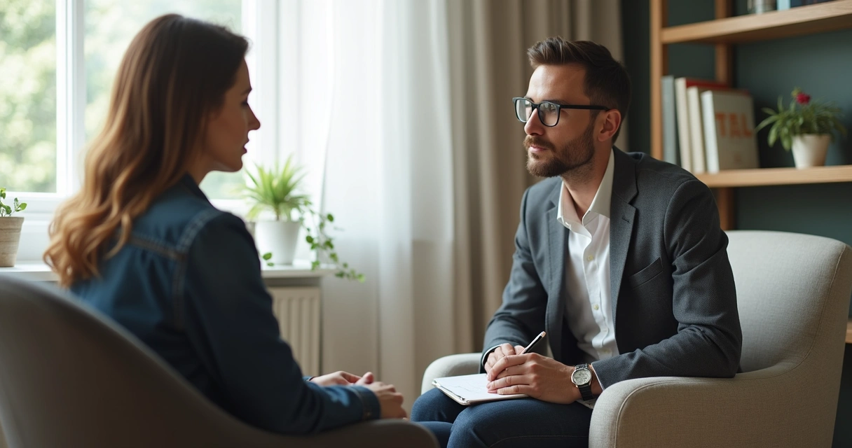 Psicólogo atento ouvindo paciente em postura acolhedora 