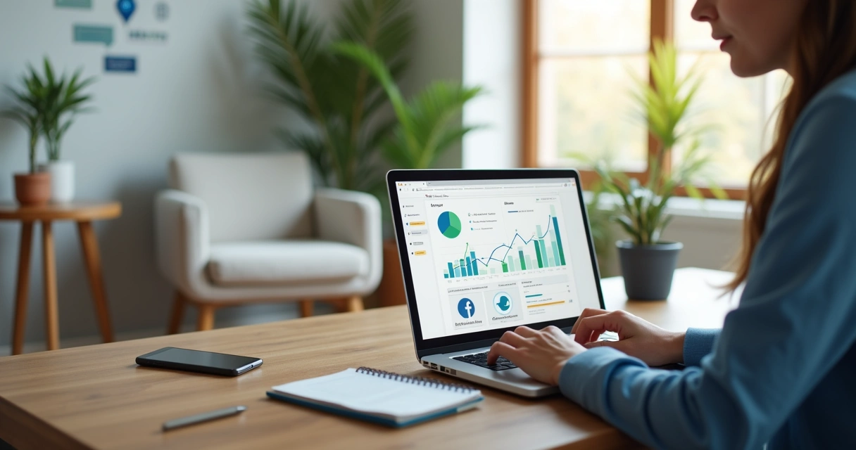 Psicólogo em consultório usando notebook com gráficos de marketing digital 