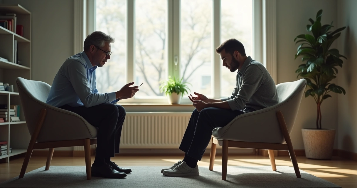Psicólogo em consultório conduzindo sessão intensa com calma e foco 