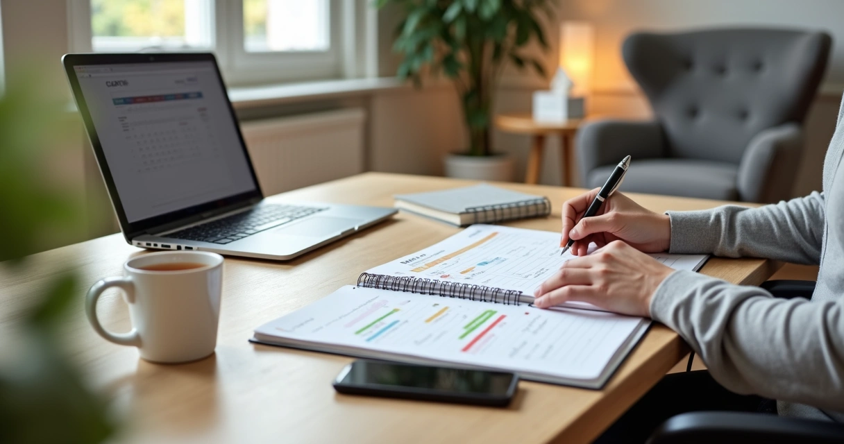Psicólogo organizando a agenda em consultório com notebook e planner sobre a mesa 