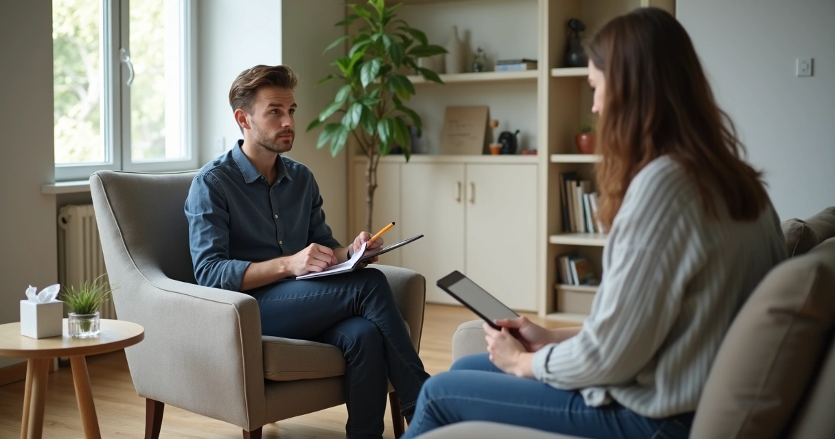 Psicólogo iniciante atendendo paciente na primeira sessão em consultório acolhedor 