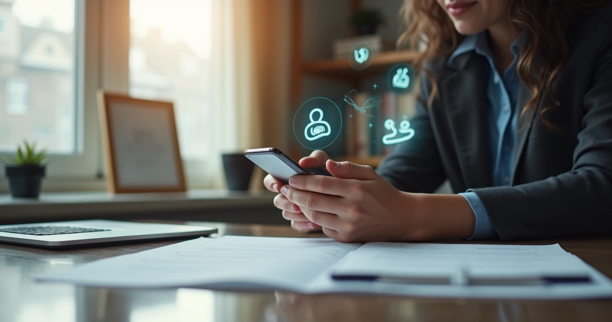 Profissional psicólogo usando smartphone em ambiente moderno com decoração elegante e elementos digitais de redes sociais ao redor 