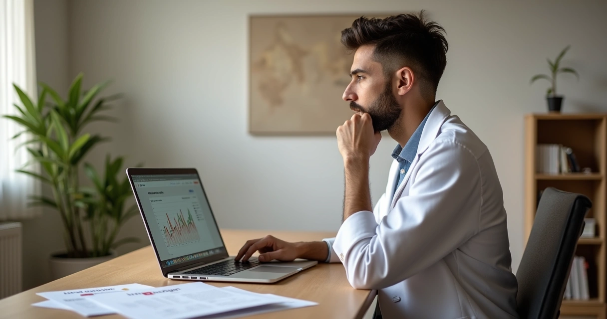 Psicólogo em consultório analisando estratégias de marketing digital com foco em ética 