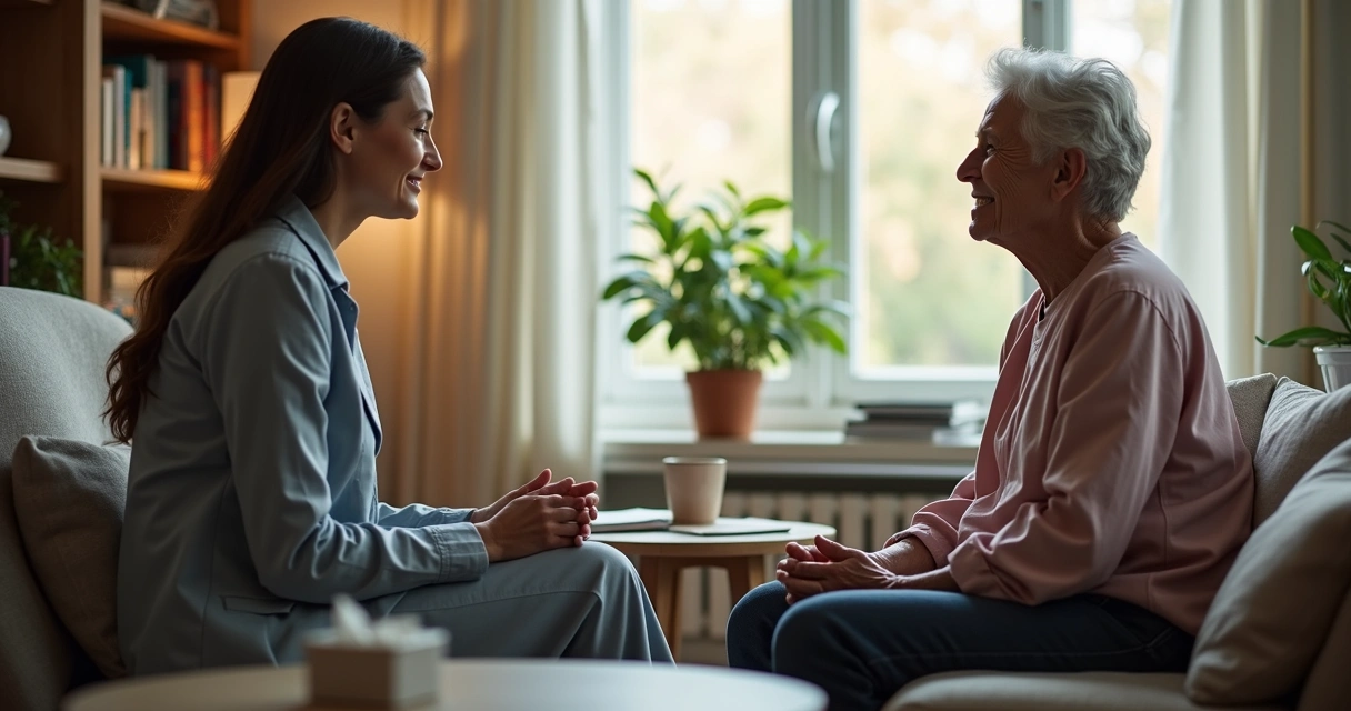 Psicóloga conversando com paciente oncológico em consultório tranquilo 