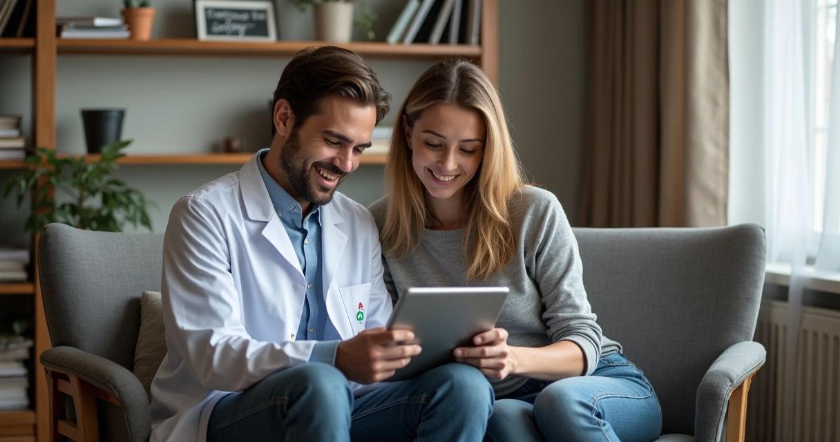 Psicólogo e paciente usando aplicativo de acompanhamento durante sessão