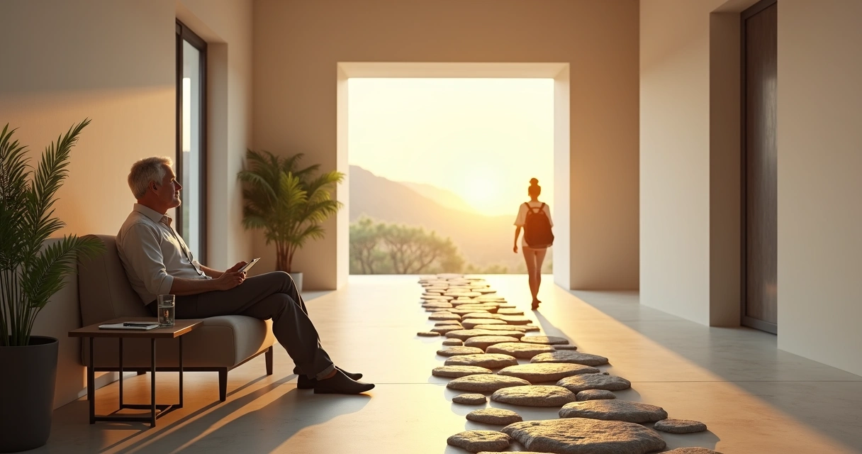 Psicólogo observando pessoa caminhando em caminho iluminado simbolizando mudança profunda 