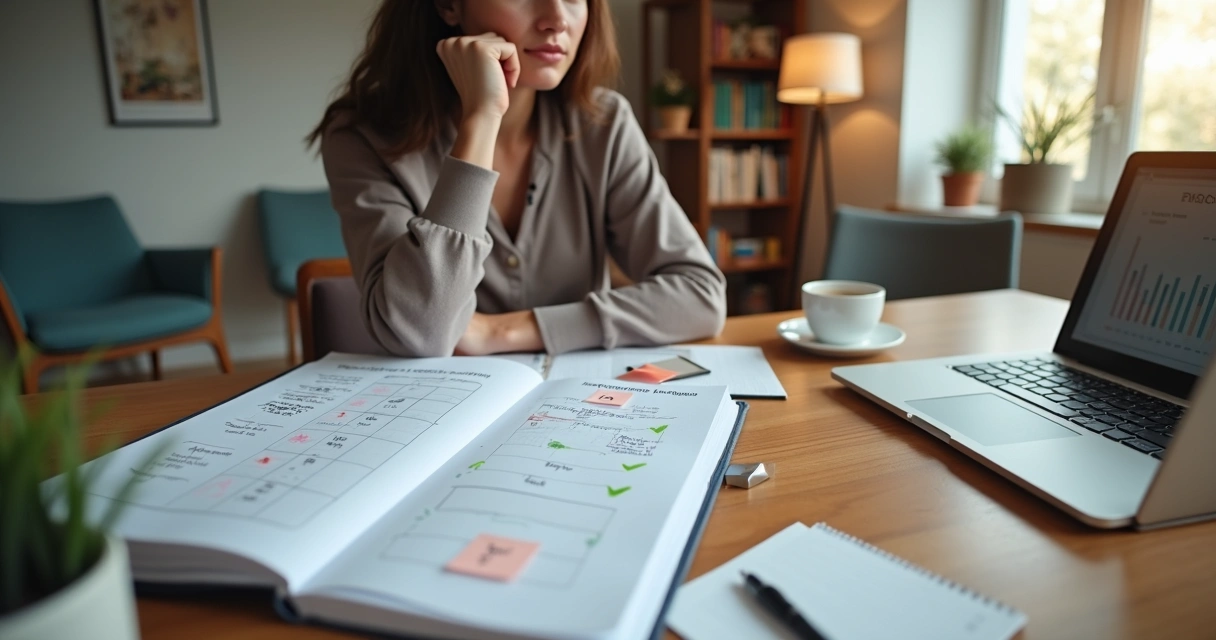 Psicólogo em consultório analisando plano de desenvolvimento profissional 