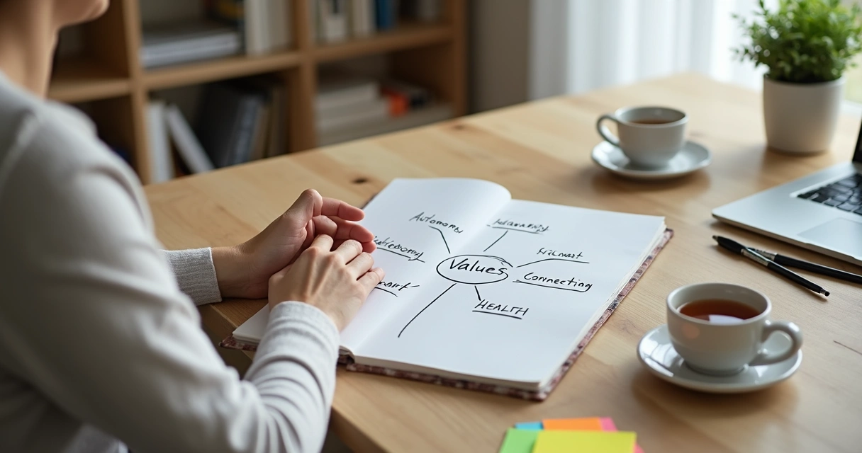 Psicólogo escrevendo metas alinhadas a valores em caderno sobre mesa de trabalho 