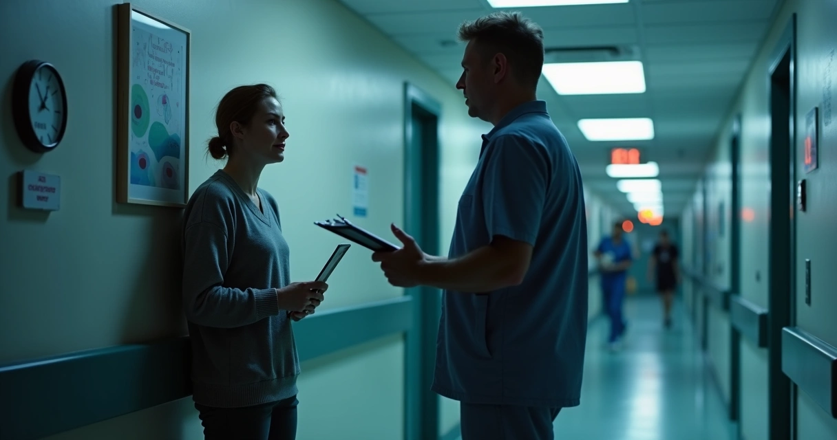 Psicólogo em hospital à noite definindo limites em atendimento de emergência 