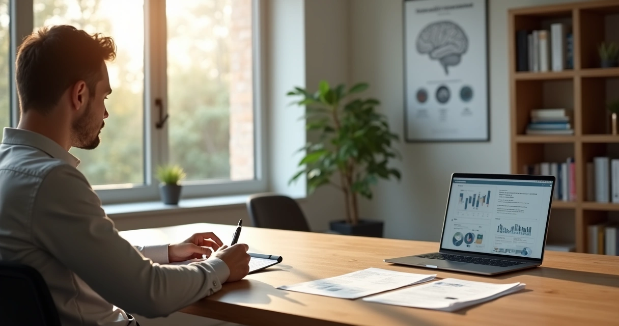 Psicólogo analisando dados científicos em consulta com paciente 