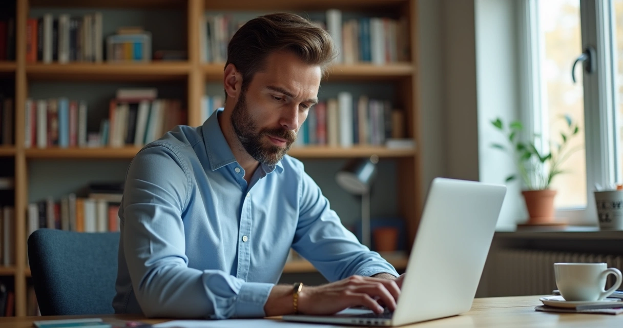 Psicólogo sentado usando notebook com redes sociais abertas na tela 