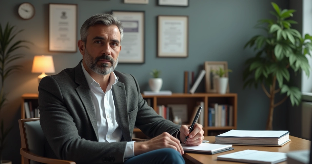 Psicólogo sentado refletindo com bloco de notas e materiais de estudo em volta 