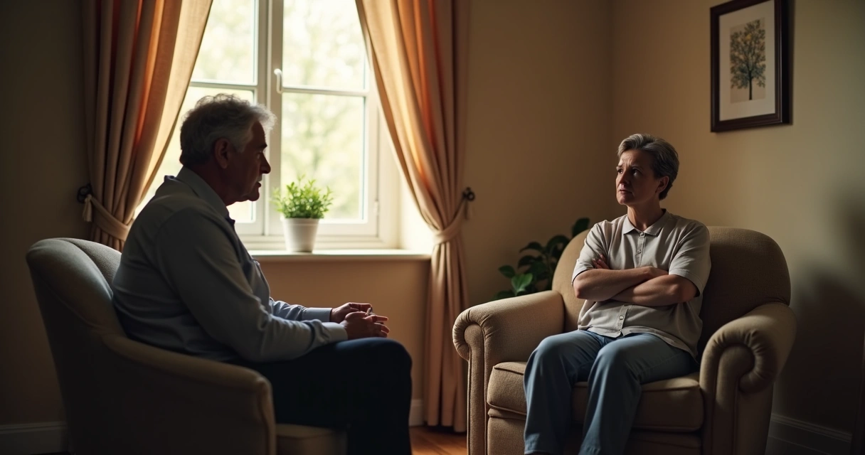 Psicólogo em sessão ouvindo paciente em ambiente acolhedor