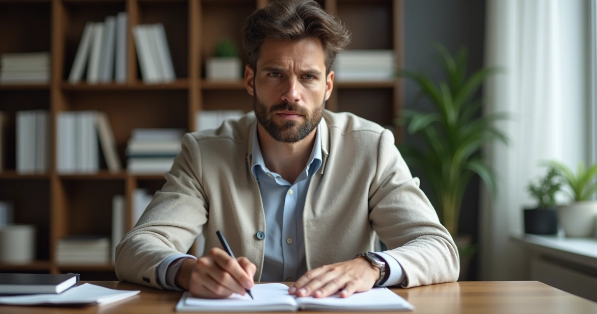 Psicólogo sentado à mesa, olhando para baixo com expressão preocupada, bloco de anotações fechado ao lado, cenário de consultório com iluminação suave