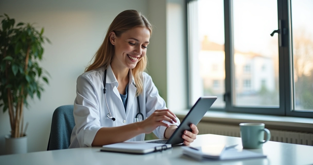 Psicólogo sorrindo usando aplicativo de gestão no consultório 