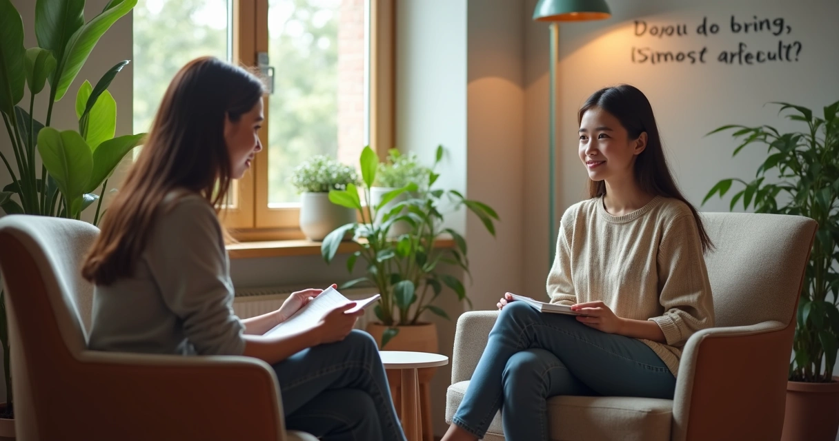 Jovem conversa com psicólogo em ambiente confortável 