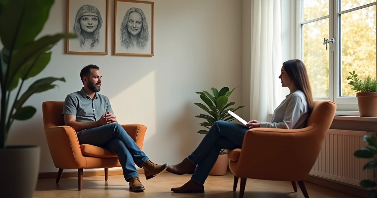 Psicólogo conversando com paciente em ambiente acolhedor 