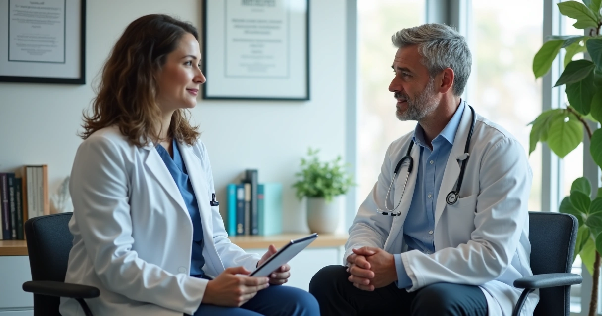 Psicólogo e urologista conversando lado a lado, ambos mostrando preocupação e escuta ativa.
