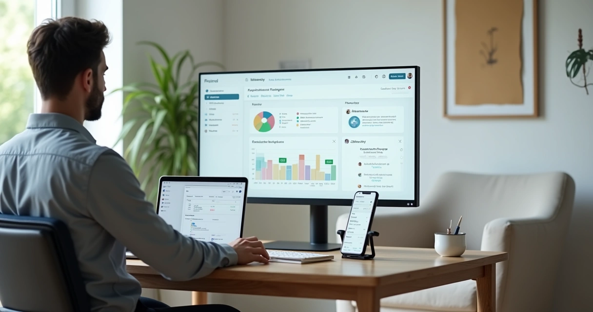 Psicólogo em consultório usando sistema digital para gerenciar agenda e prontuário 